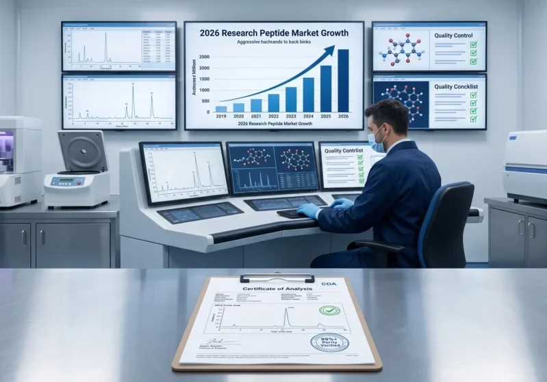 Professional laboratory data analysis showing 2026 research peptide market growth and 99% purity HPLC COA verification.