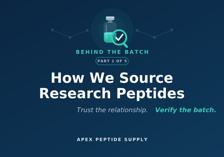 Research peptide vial examined under a magnifying glass with a checkmark, illustrating how Apex Peptide Supply sources and verifies research peptides.