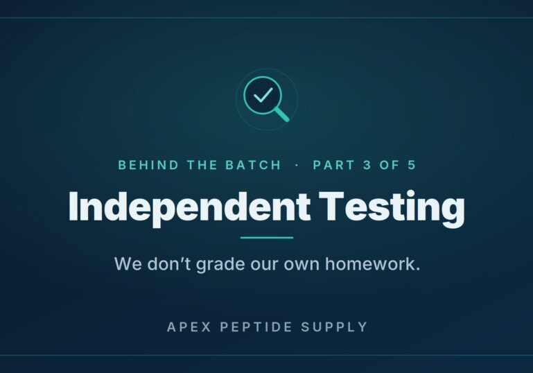 Behind the Batch Part 3 of 5 — a magnifying glass with a checkmark, representing independent third-party testing, on a navy background