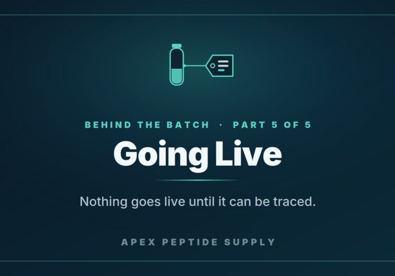 Behind the Batch Part 5 of 5, Going Live — a research peptide vial linked to a batch-number tag, with the line "Nothing goes live until it can be traced," Apex Peptide Supply